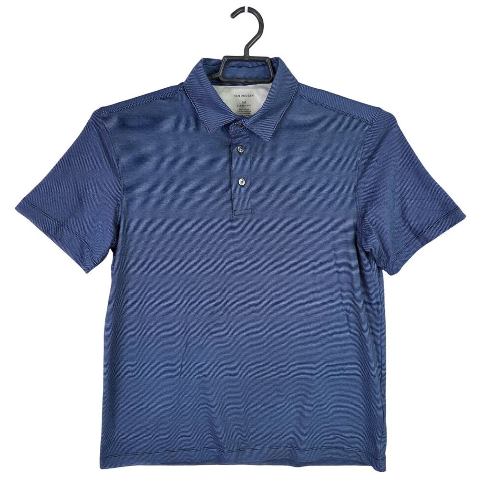 Mens Van Heusen Blue Striped Classic Fit Polo Shirt Short Sleeve Cotton Blend M